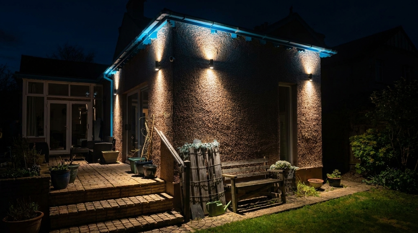 Exterior wall lighting and LED strip installed on a house